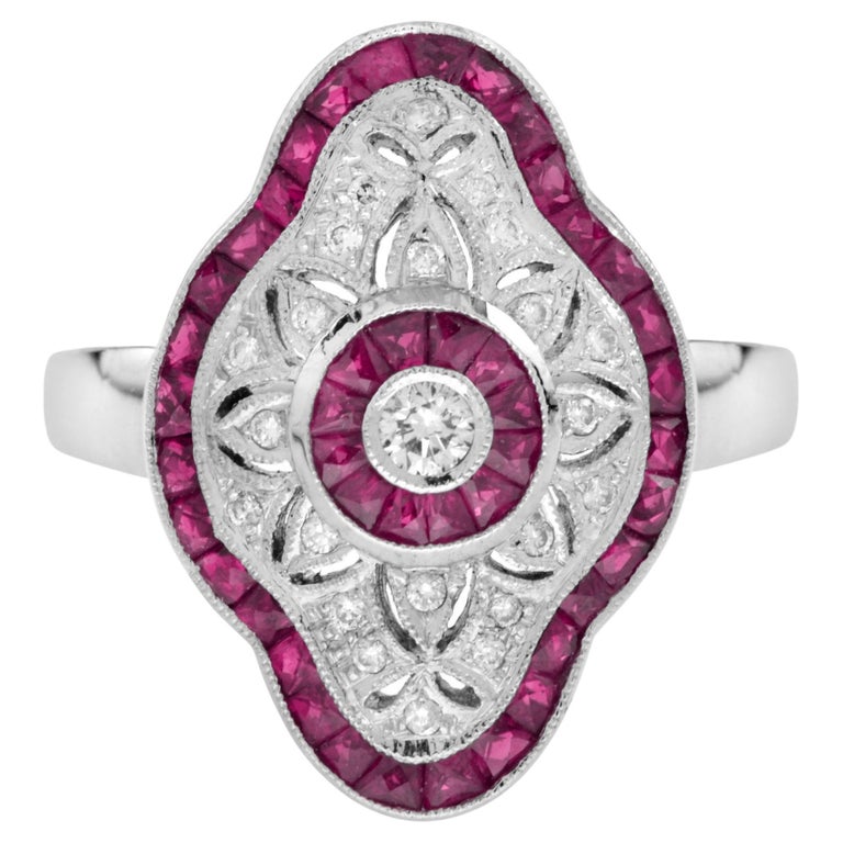 Art Deco Style Round Diamond and Ruby Ring in 18K White Gold For Sale ...