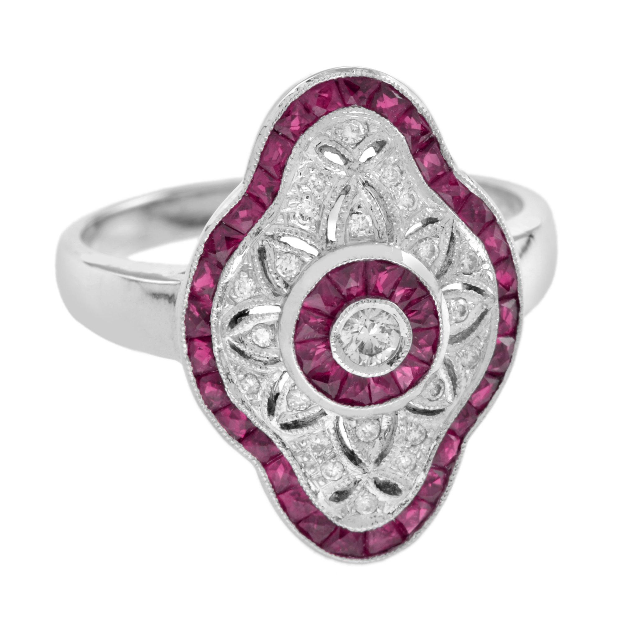 Rubies and diamonds are beautifully composed in this Art Deco style vintage ring. The oval shaped ring setting is made of solid 18k white gold and celebrate a round brilliant cut natural diamond at is center with a color of H-J and a clarity of SI.