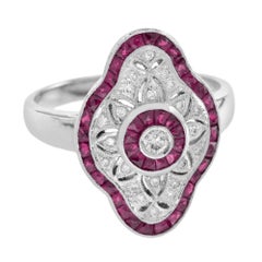 Art Deco Style Round Diamond & Pink Red Ruby 18K White Gold Shield Ring