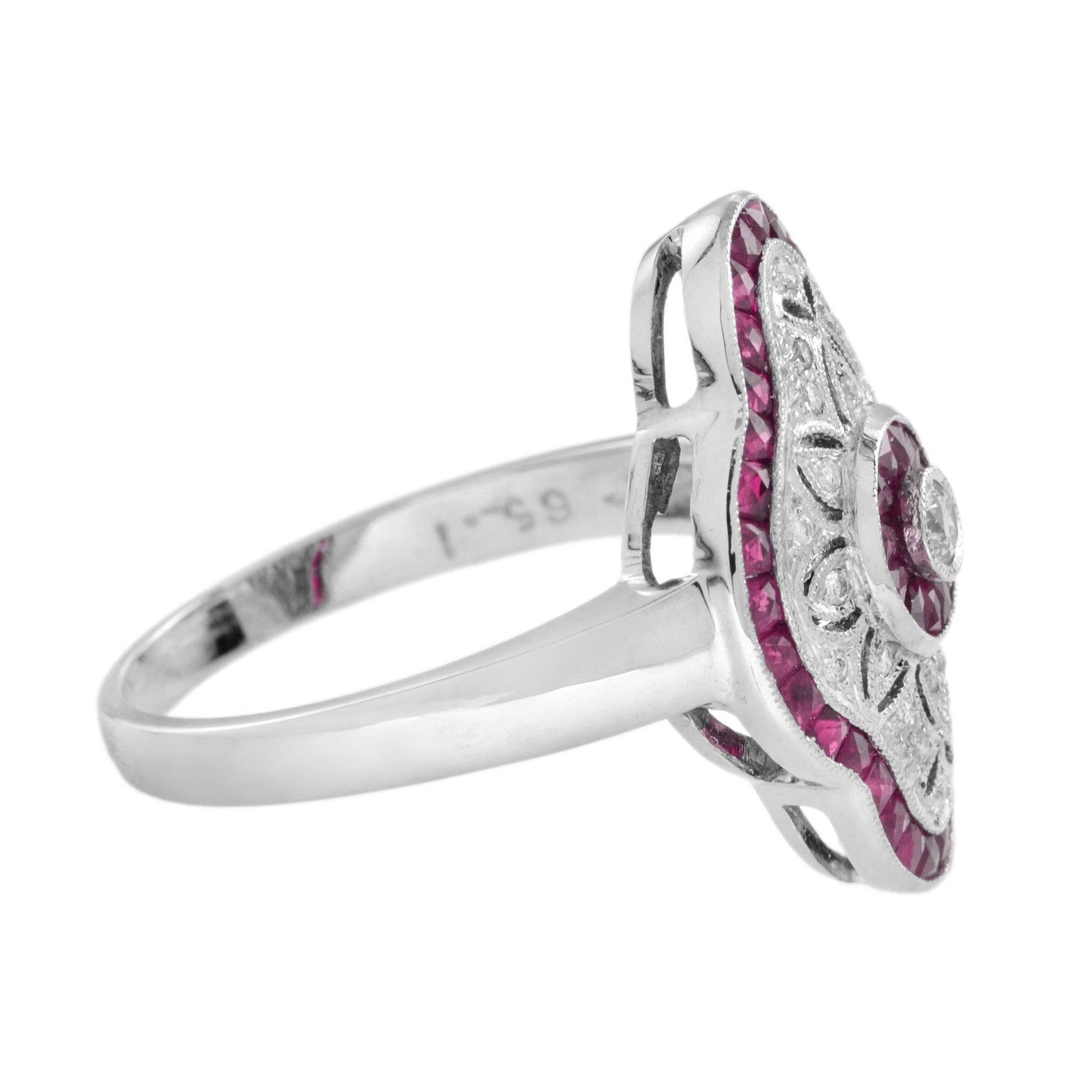 Art déco Art Deco Style Round Diamond & Pink Red Ruby 18K White Gold Shield Ring en vente