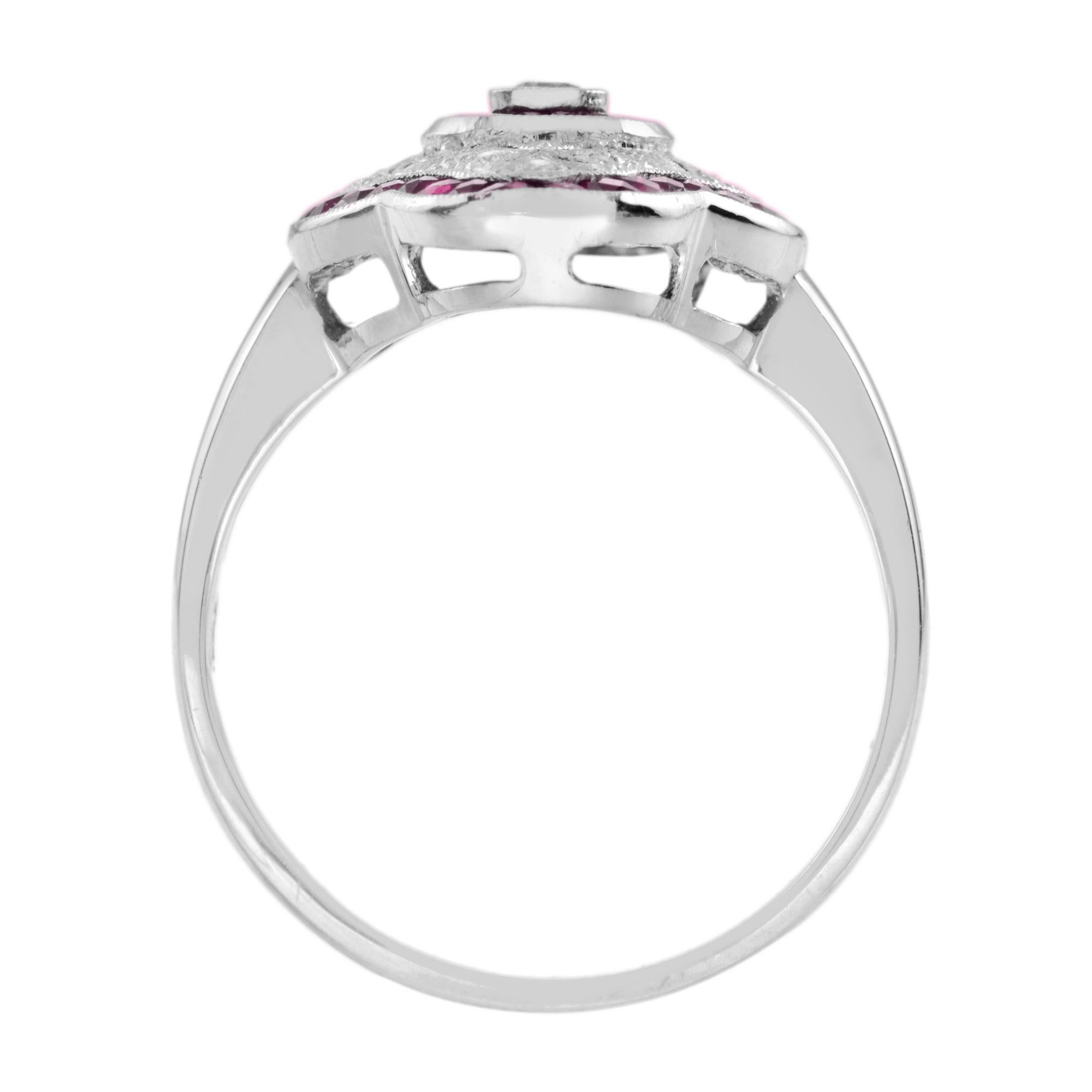 Taille brillant Art Deco Style Round Diamond & Pink Red Ruby 18K White Gold Shield Ring en vente