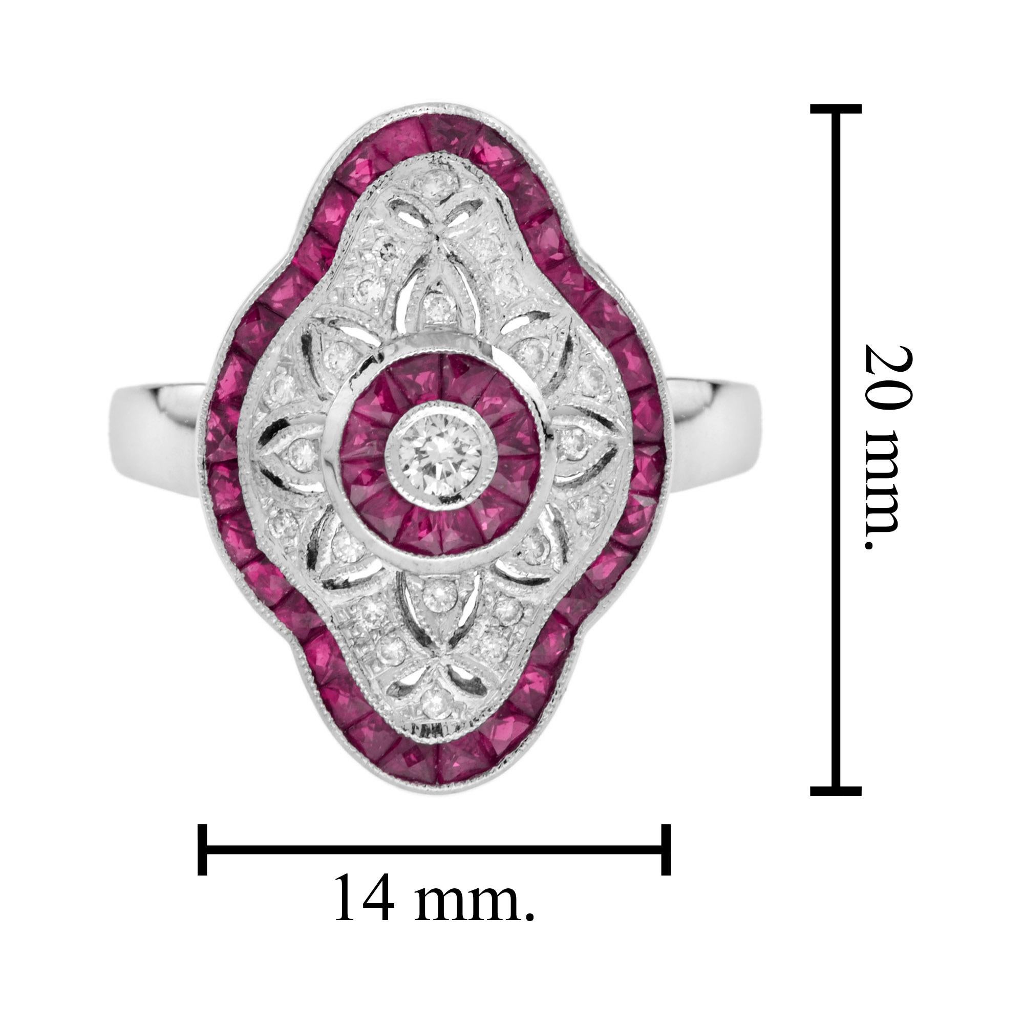 Art Deco Style Round Diamond & Pink Red Ruby 18K White Gold Shield Ring Bon état - En vente à Oakton, VA