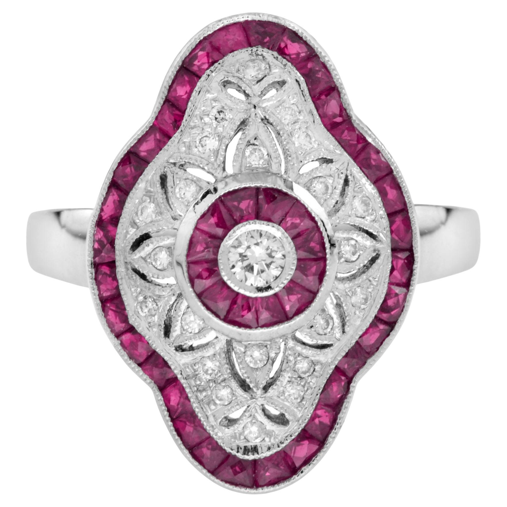 Art Deco Style Round Diamond & Pink Red Ruby 18K White Gold Shield Ring