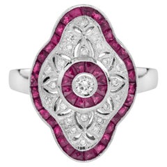 Art Deco Style Round Diamond & Pink Red Ruby 18K White Gold Shield Ring