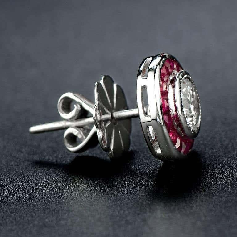 Art Deco Style Round Diamond & Ruby Fancy Cut Halo Stud 14K White Gold Earrings (Brillantschliff) im Angebot