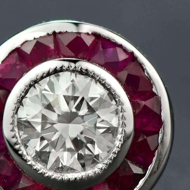 Art Deco Style Round Diamond & Ruby Fancy Cut Halo Stud 14K White Gold Earrings im Zustand „Neu“ im Angebot in Oakton, VA