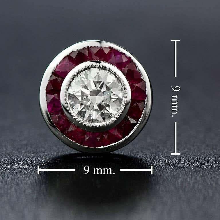 Art Deco Style Round Diamond & Ruby Fancy Cut Halo Stud 14K White Gold Earrings für Damen oder Herren im Angebot