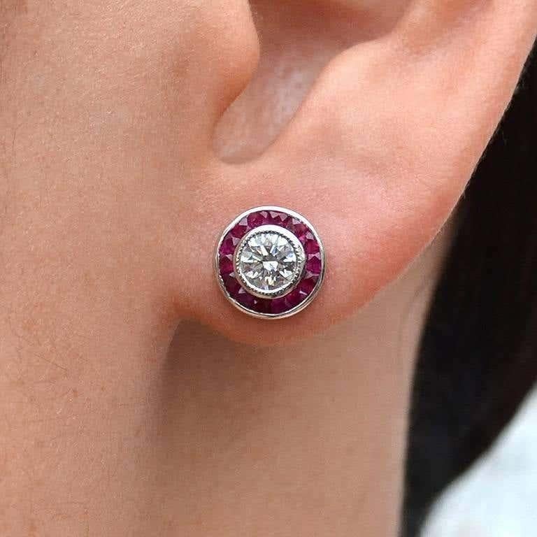 Art Deco Style Round Diamond & Ruby Fancy Cut Halo Stud 14K White Gold Earrings im Angebot 1