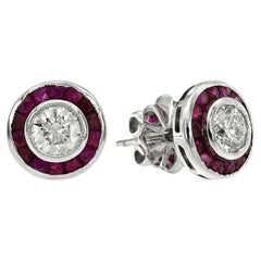 Art Deco Style Round Diamond & Ruby Fancy Cut Halo Stud 14K White Gold Earrings
