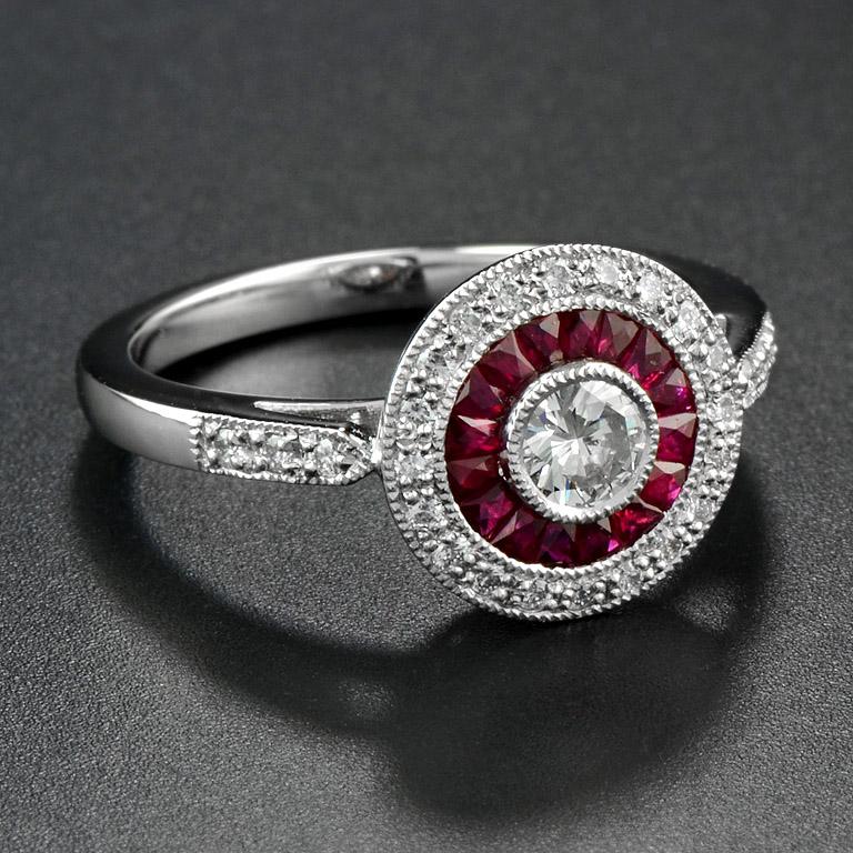 Art Deco Style Round Diamond with Ruby Engagement Ring in Platinum950 In New Condition For Sale In Bangkok, TH