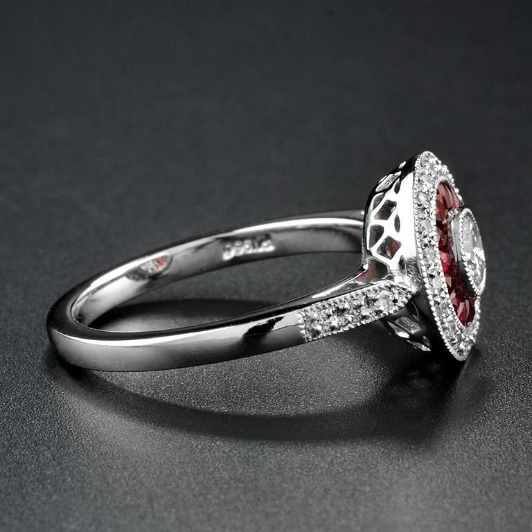 Women's Art Deco Style Round Diamond with Ruby Engagement Ring in Platinum950 For Sale