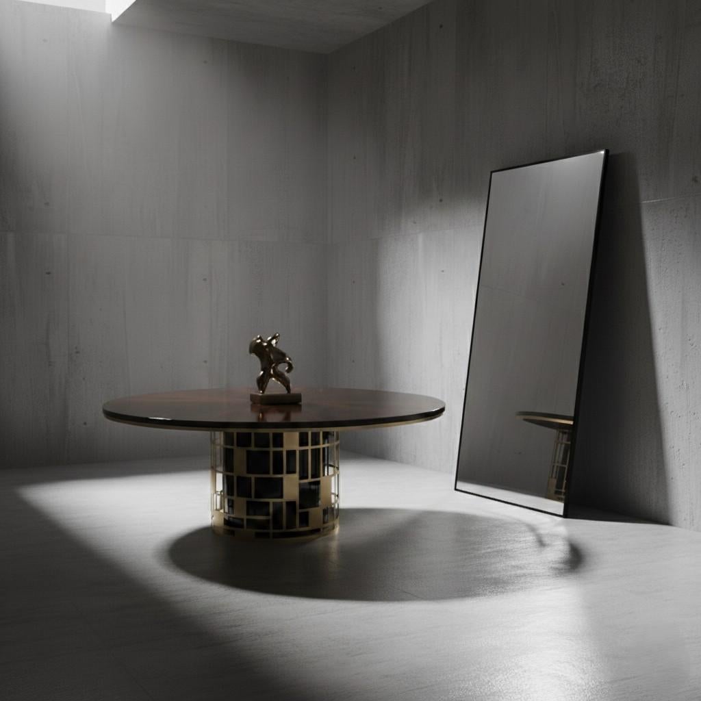 This sophisticated dining table is a masterful blend of natural beauty and refined details. The expansive top and the inside of the base are crafted from natural ebony wood, which is finished with a brilliant high gloss lacquer. This creates a deep,