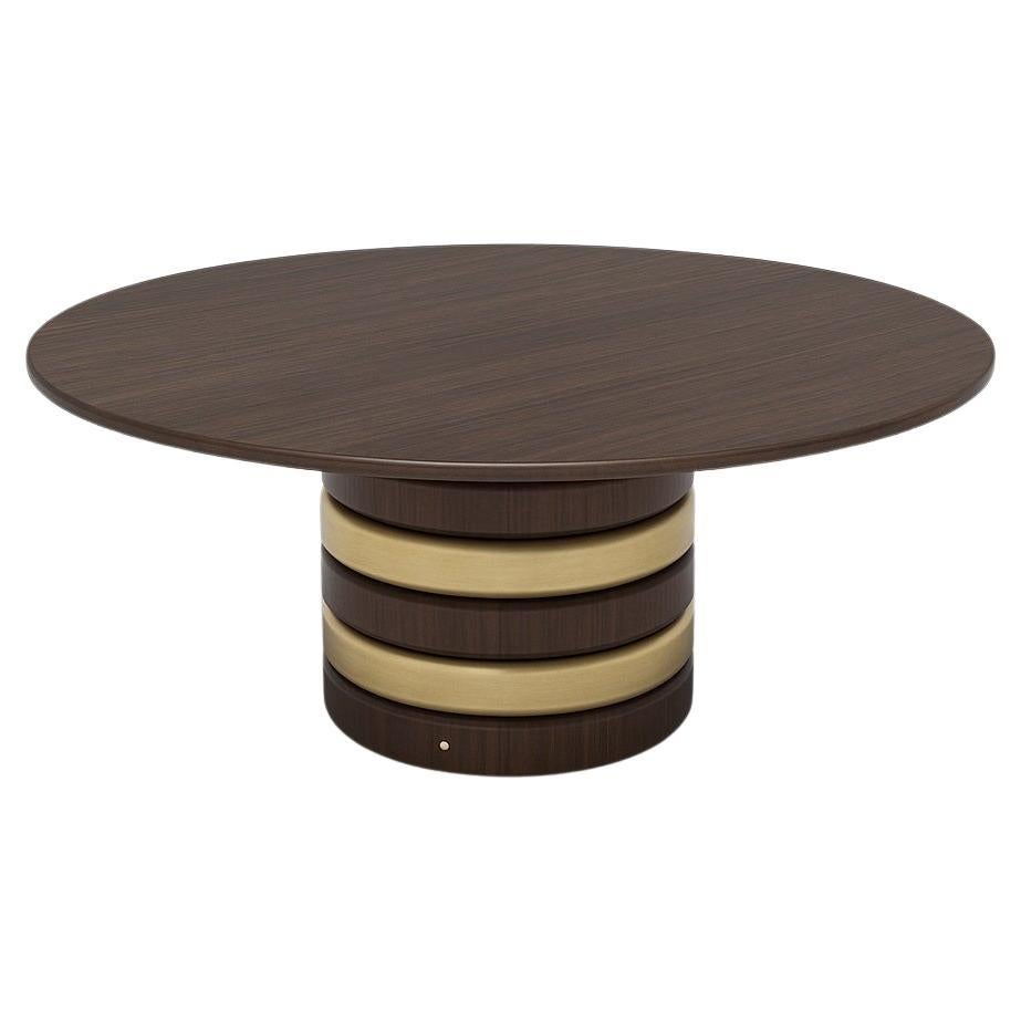 Portuguese Art-Deco Style Round Dining Table In Walnut & Brushed Gold Base For Sale