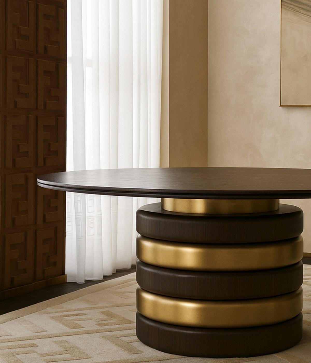 Hand-Crafted Art-Deco Style Round Dining Table In Walnut & Brushed Gold Base For Sale