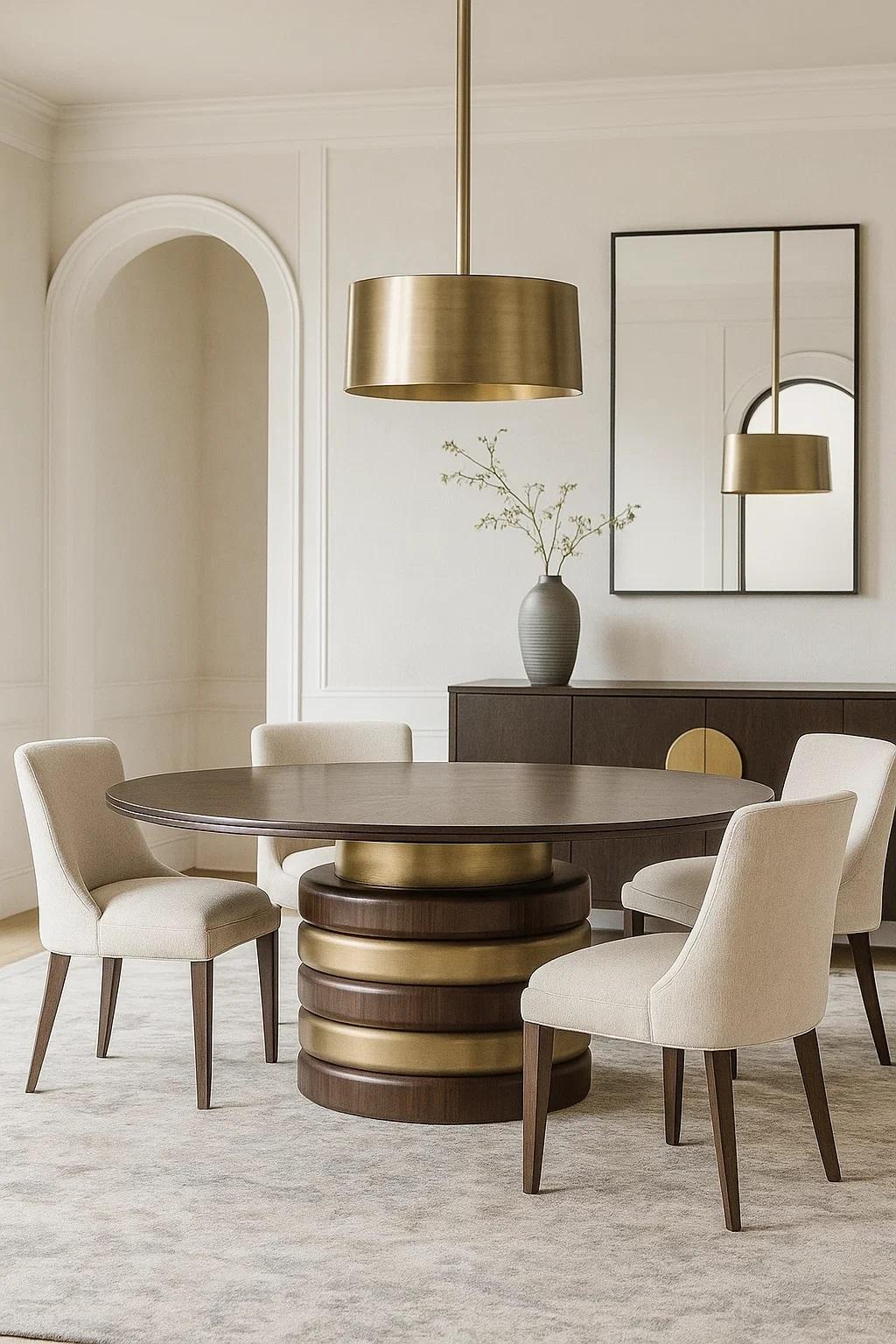 Art-Deco Style Round Dining Table In Walnut & Brushed Gold Base In New Condition For Sale In NEW YORK, NY