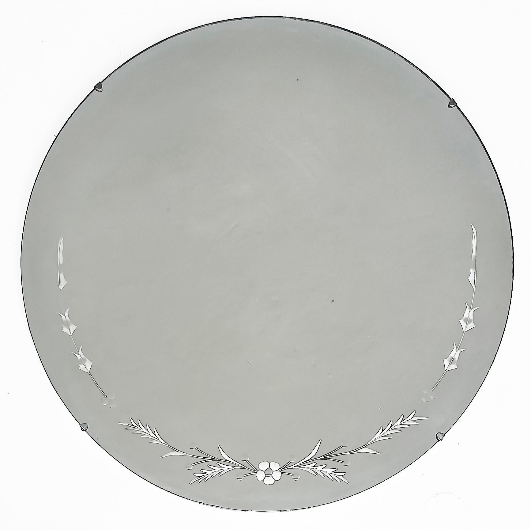 20th Century Art Deco Style Round Etched Wheel Cut Glass Mirror c1940 For Sale