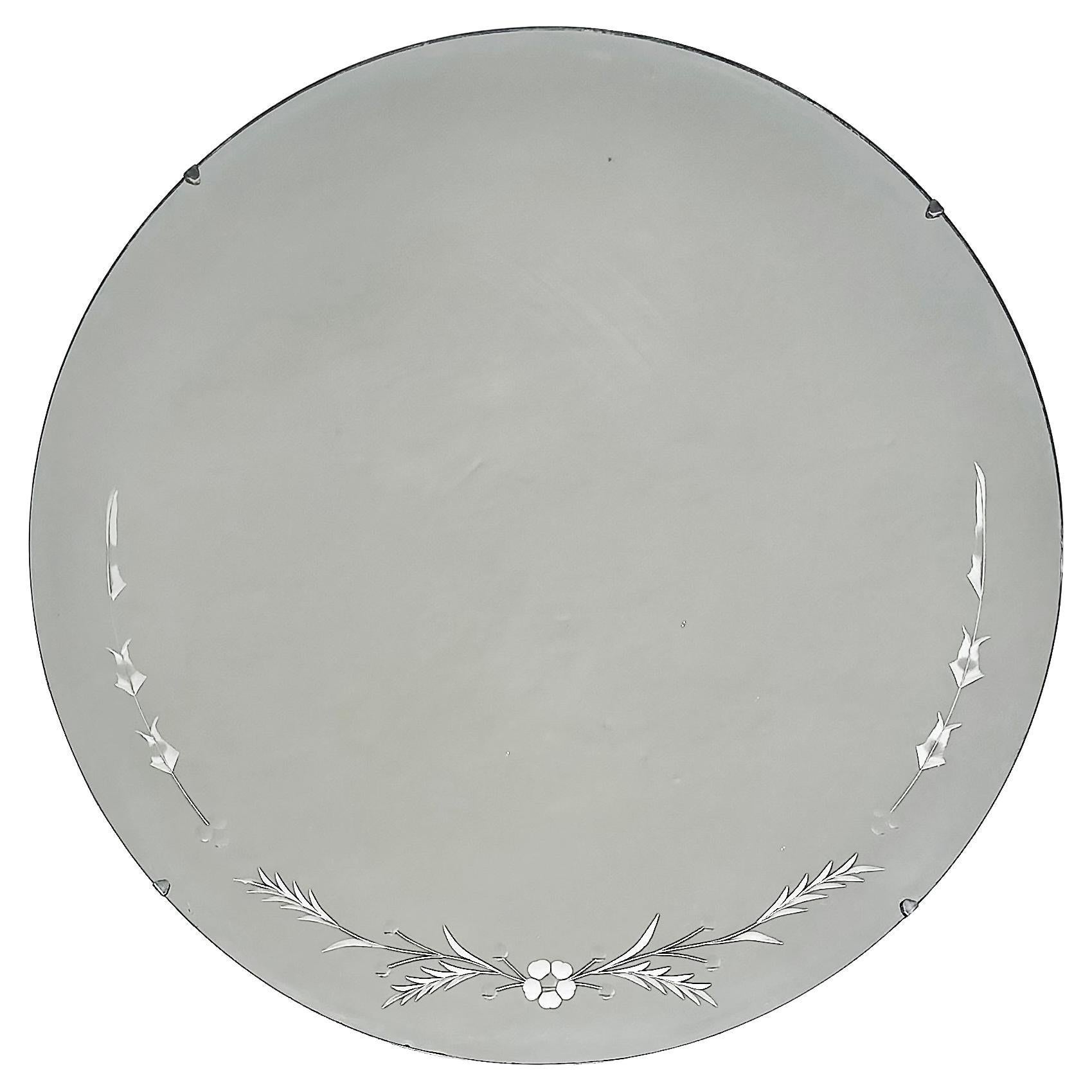 Art Deco Style Round Etched Wheel Cut Glass Mirror c1940