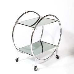Carrito de Bar de Dos Pisos de Forma Tubular Redonda Estilo Art Decó en Cromo y Espejo Ahumado
