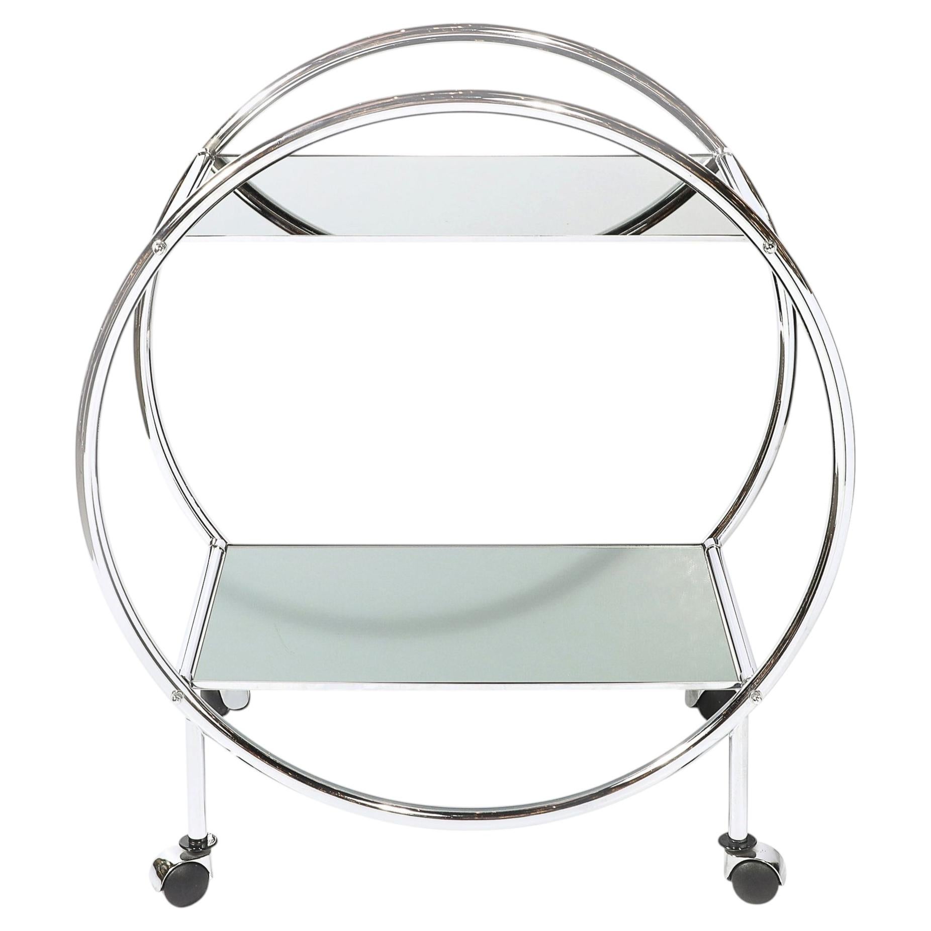 Art Deco Style Round Form Tubular Two-Tier Bar Cart in Chrome and Smoked Mirror For Sale
