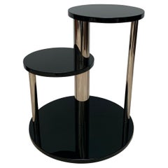 Art Deco Style Round Side Table, Black Lacquer, Wood and Chromed Steel