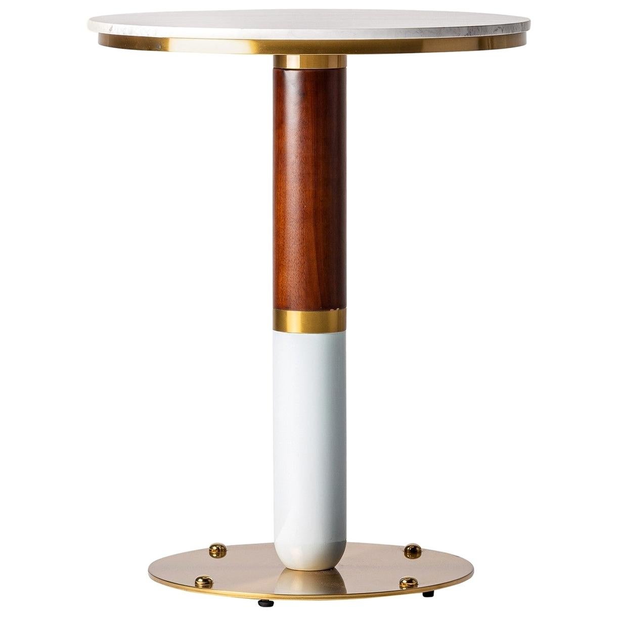 Art Deco Style Round White Marble and Walnut Wooden Pedestal Table