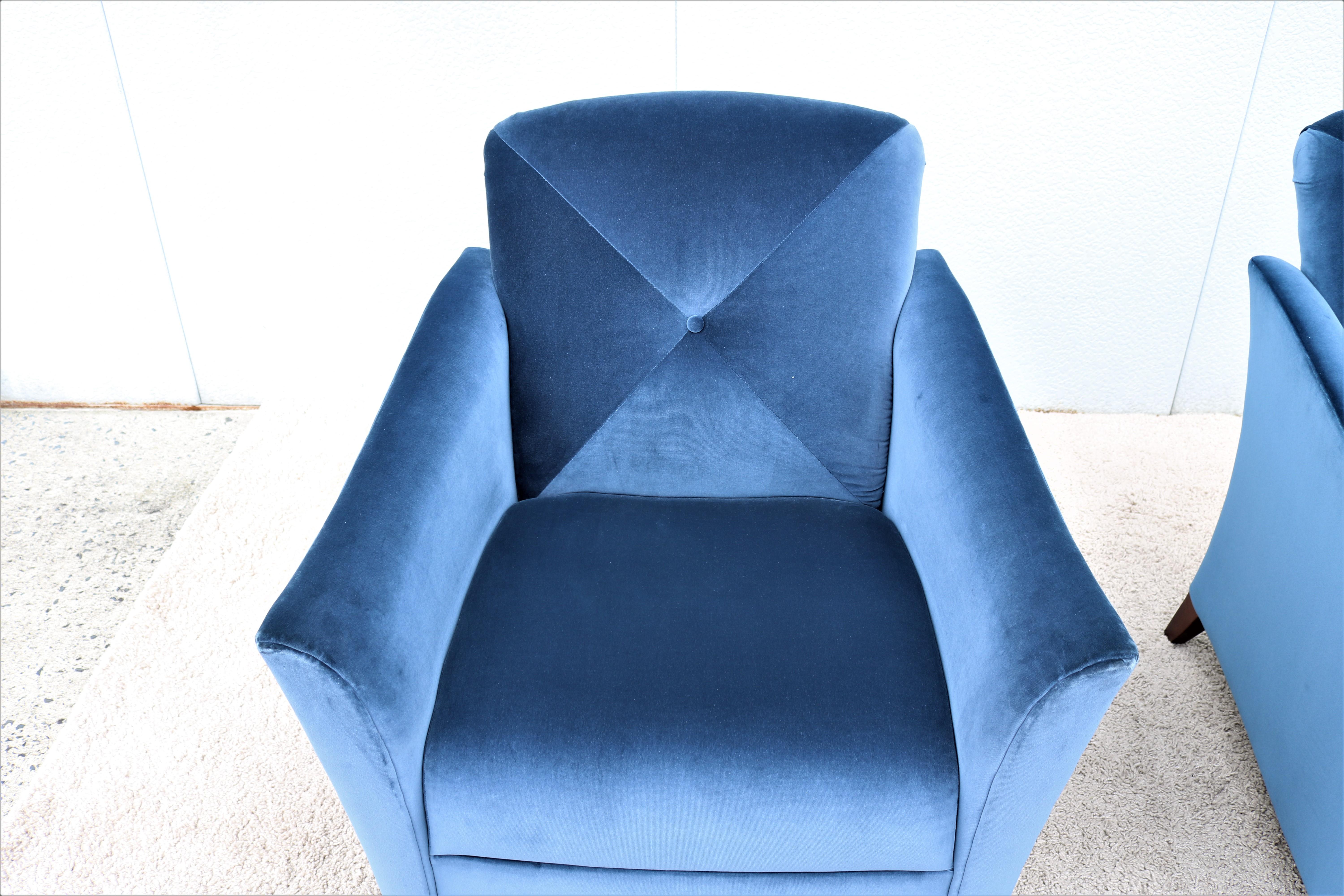Art Deco Style Royal Blue Velvet Portrait Lounge Chairs by Jofco, a Pair For Sale 3