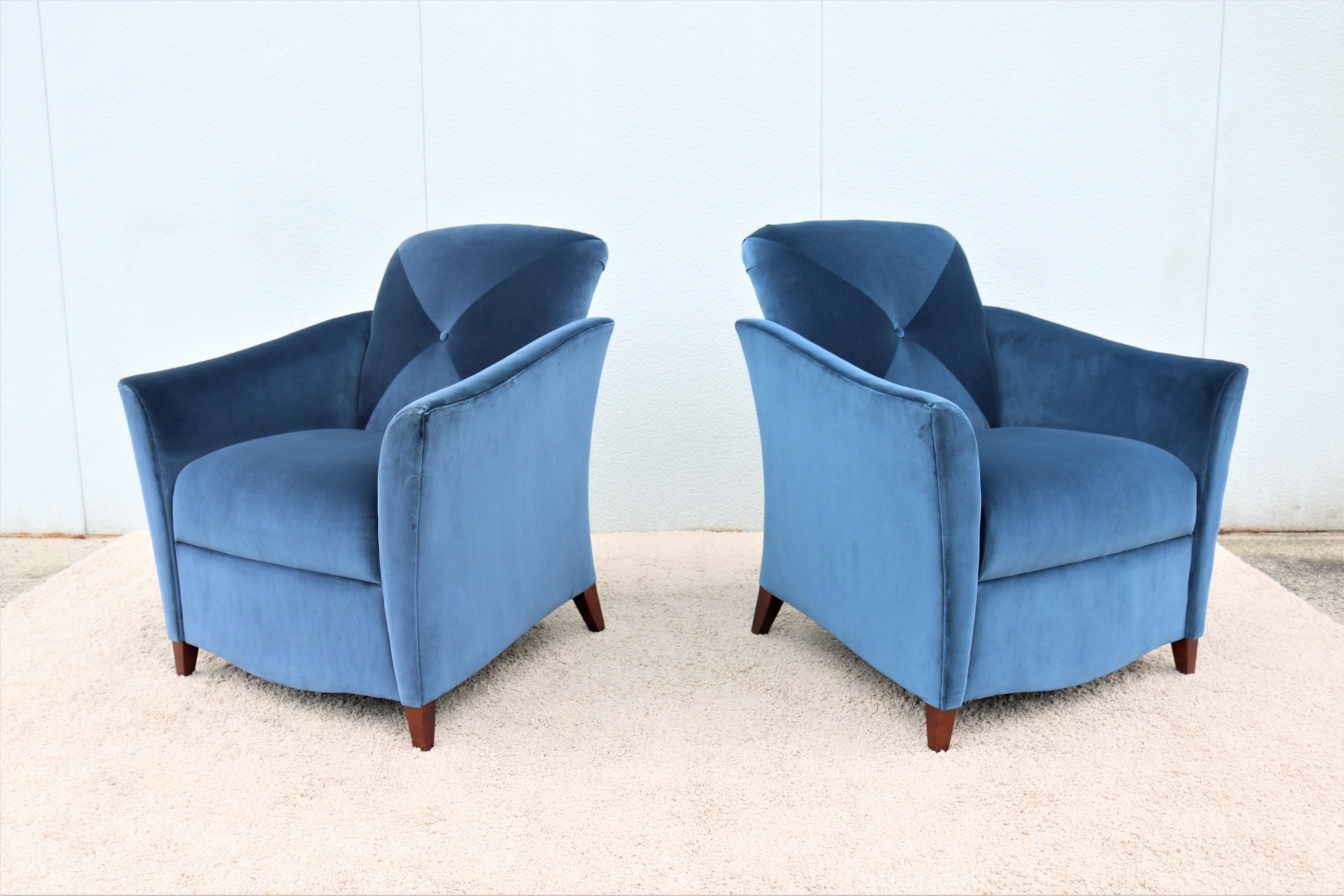 American Art Deco Style Royal Blue Velvet Portrait Lounge Chairs by Jofco, a Pair For Sale