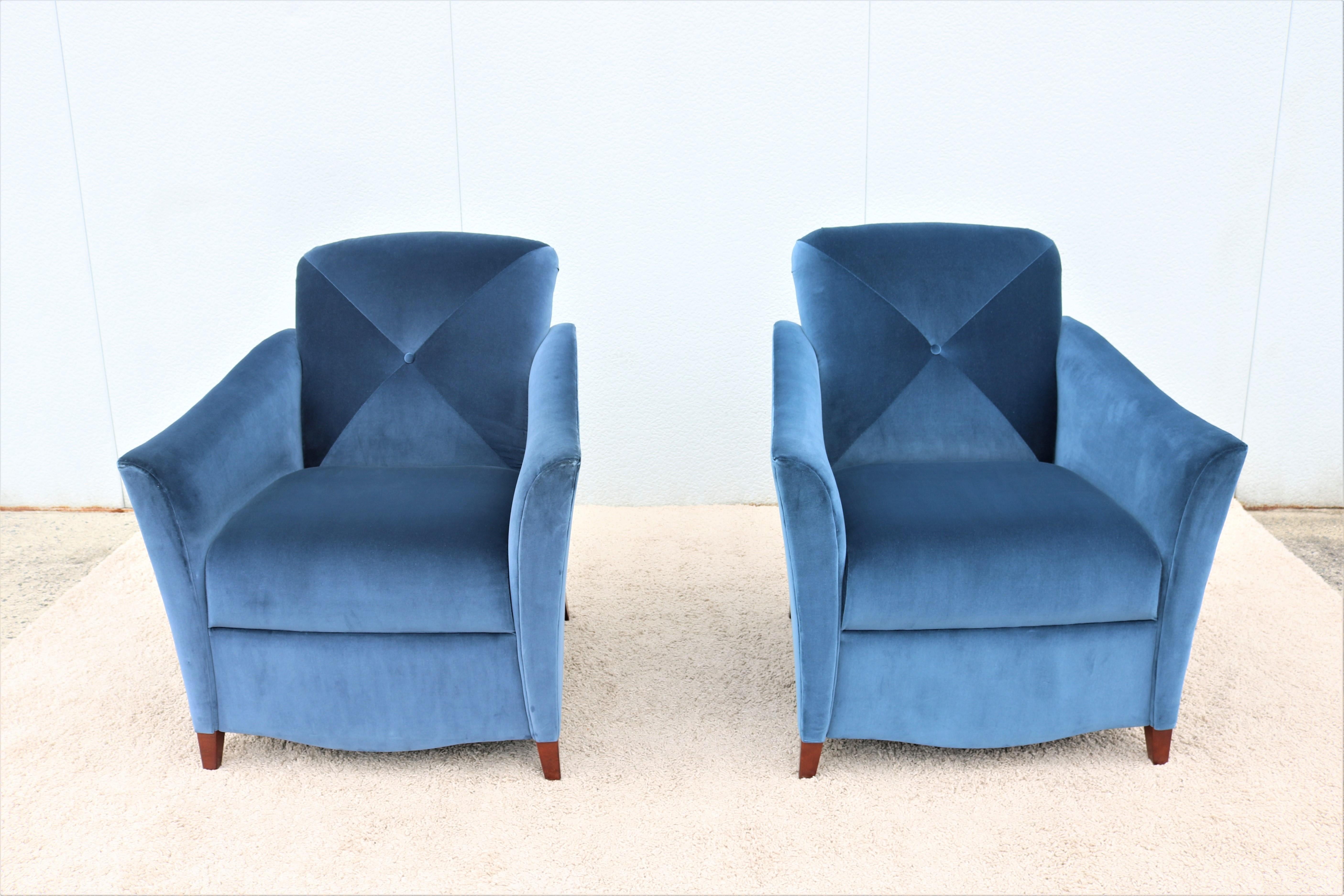 Hand-Crafted Art Deco Style Royal Blue Velvet Portrait Lounge Chairs by Jofco, a Pair For Sale