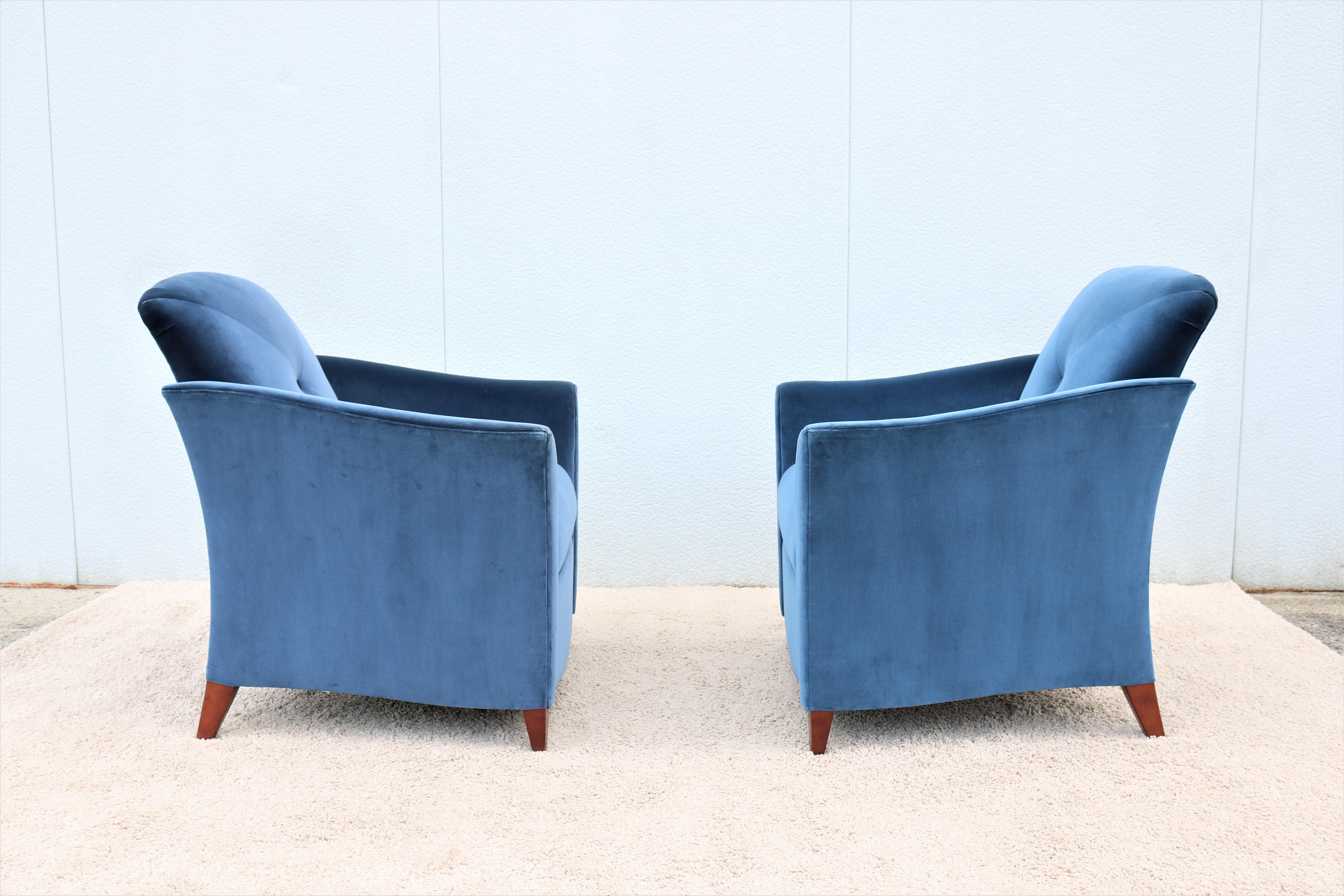 Art Deco Style Royal Blue Velvet Portrait Lounge Chairs by Jofco, a Pair In Good Condition For Sale In Secaucus, NJ