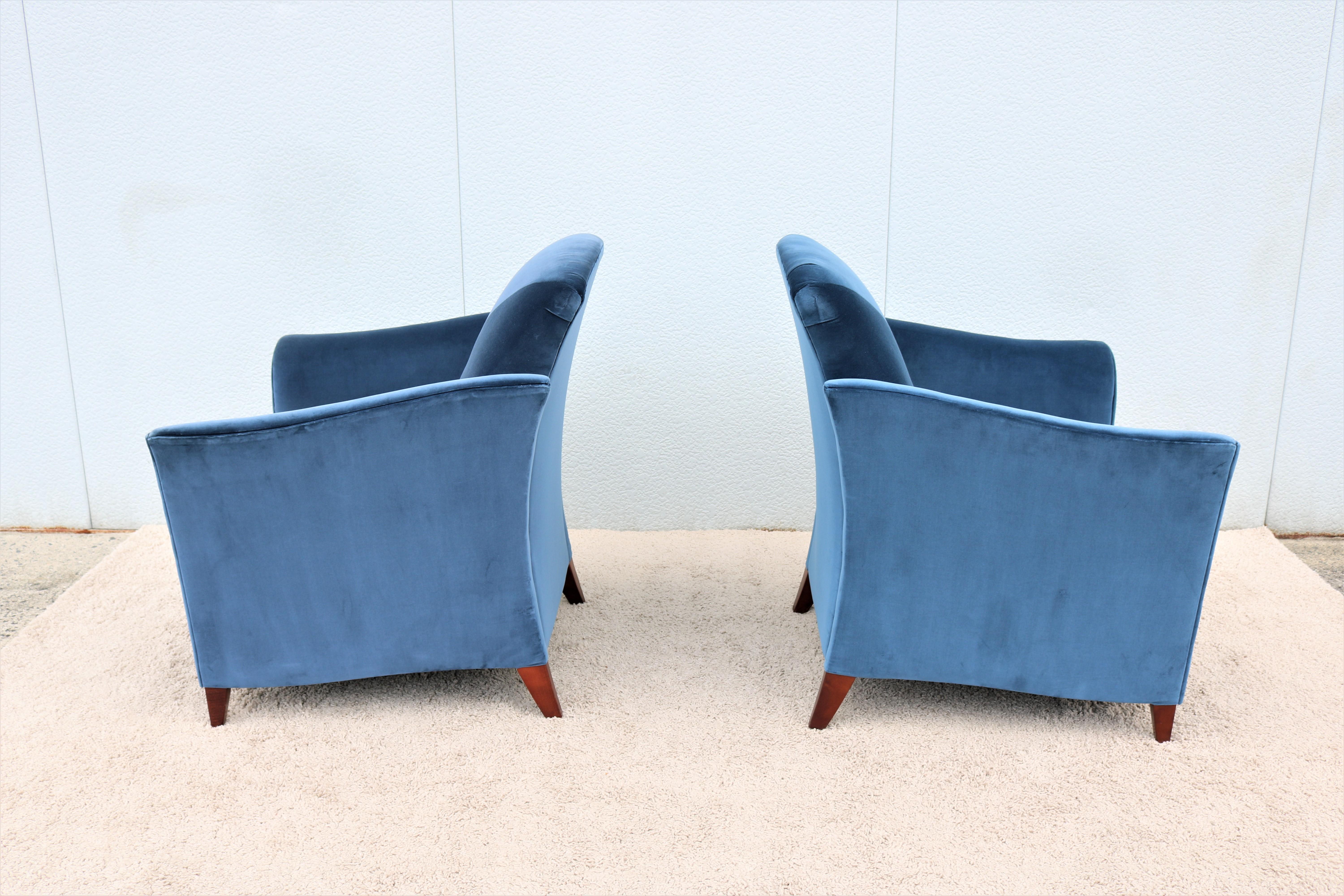 Contemporary Art Deco Style Royal Blue Velvet Portrait Lounge Chairs by Jofco, a Pair For Sale