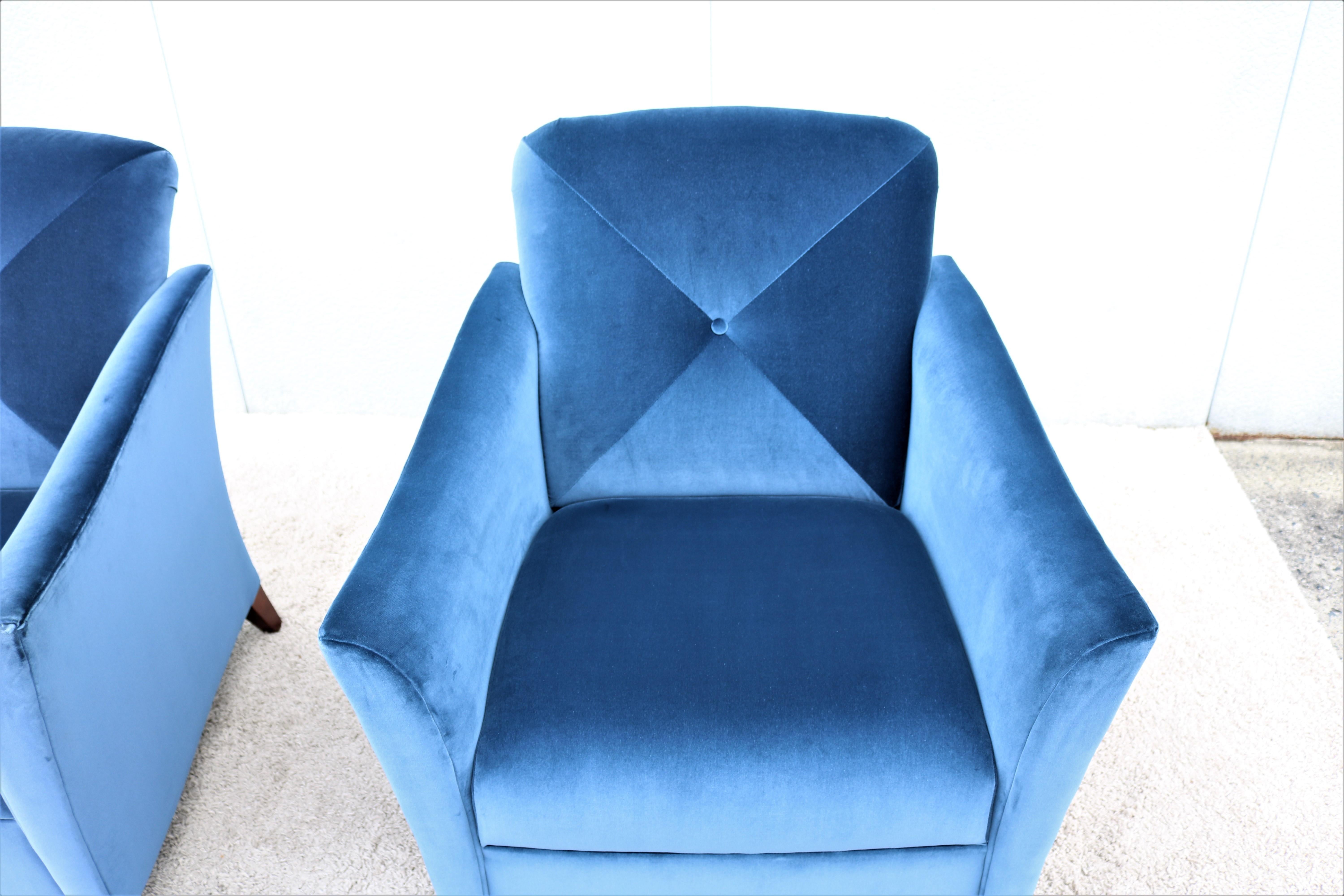 Art Deco Style Royal Blue Velvet Portrait Lounge Chairs by Jofco, a Pair For Sale 2