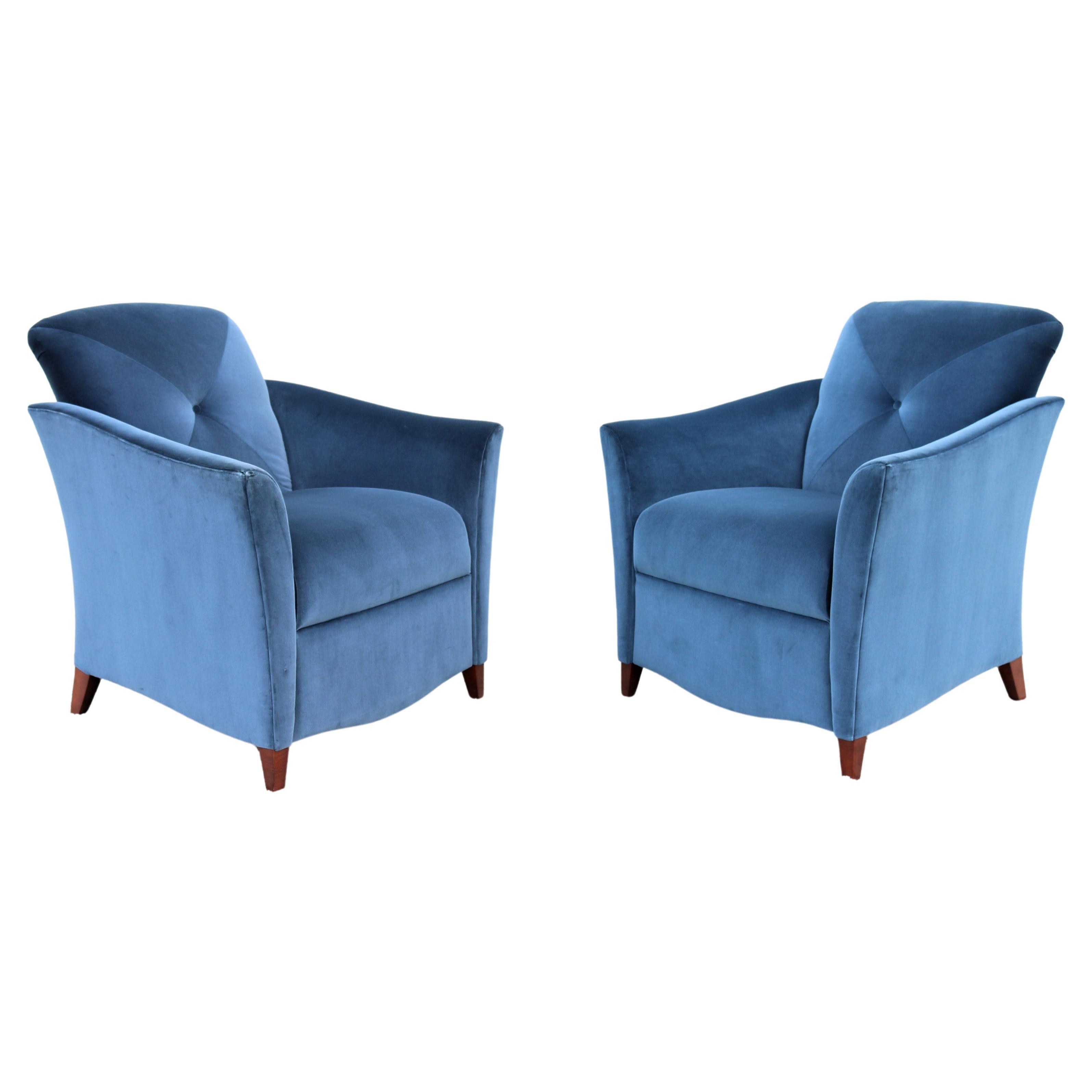 Art Deco Style Royal Blue Velvet Portrait Lounge Chairs by Jofco, a Pair For Sale
