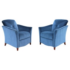 Art Deco Style Royal Blue Velvet Portrait Lounge Chairs by Jofco, a Pair