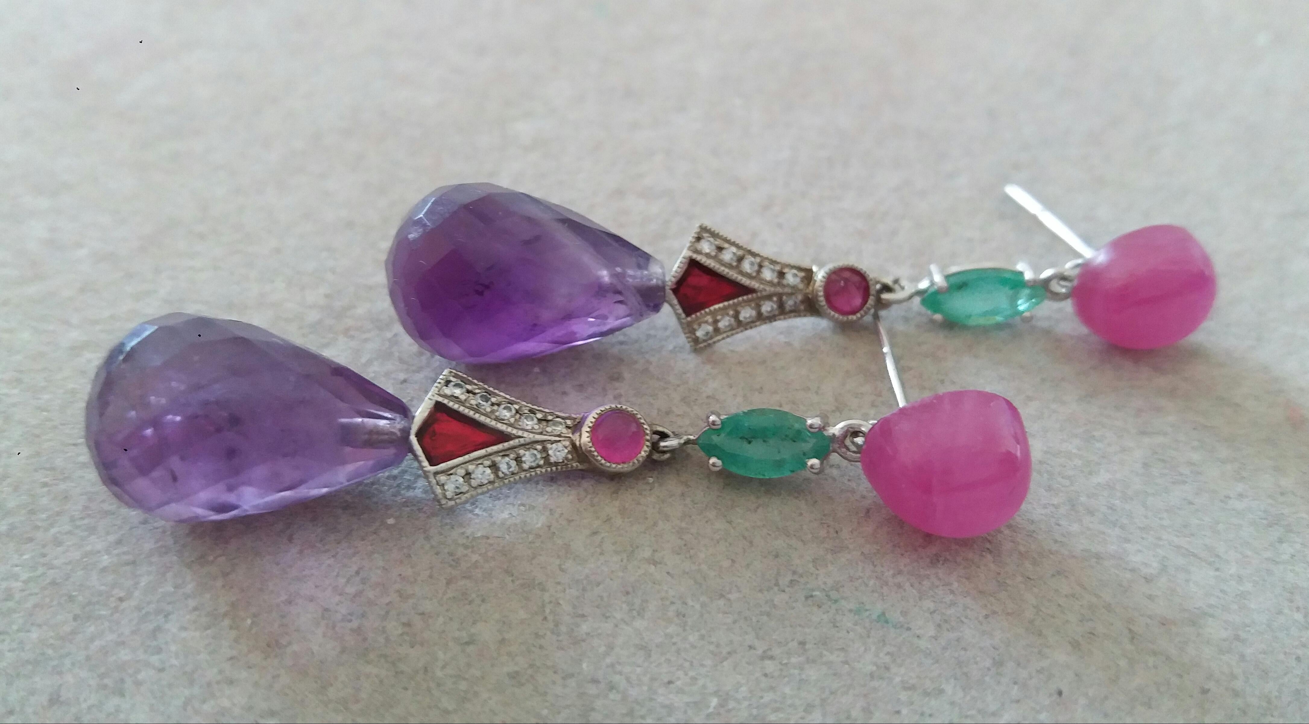 Art Deco Style Rubies Emeralds Gold Red Enamels Diamonds Amethyst Drop Earrings In Good Condition For Sale In Bangkok, TH