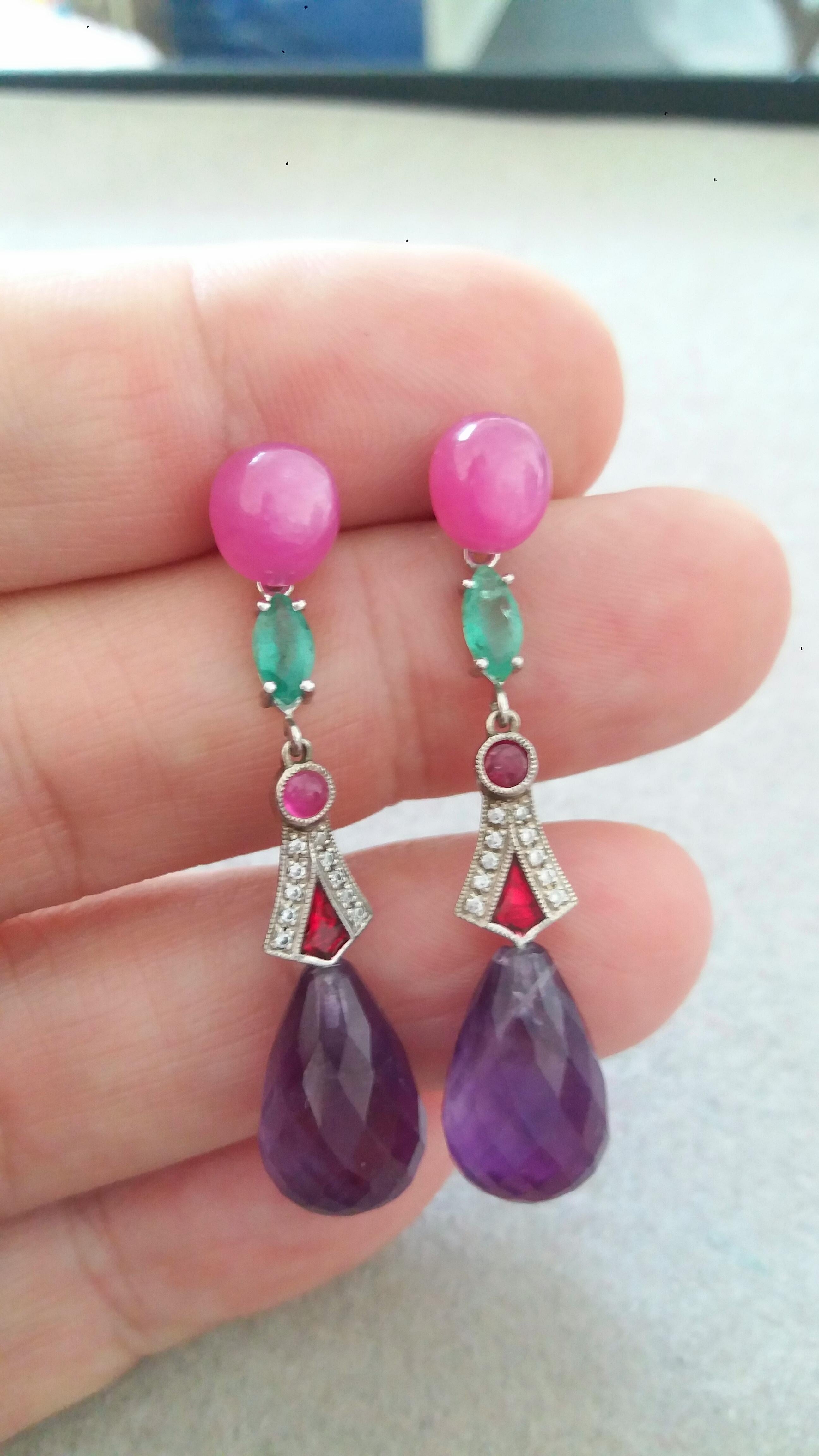 Art Deco Style Rubies Emeralds Gold Red Enamels Diamonds Amethyst Drop Earrings For Sale 1