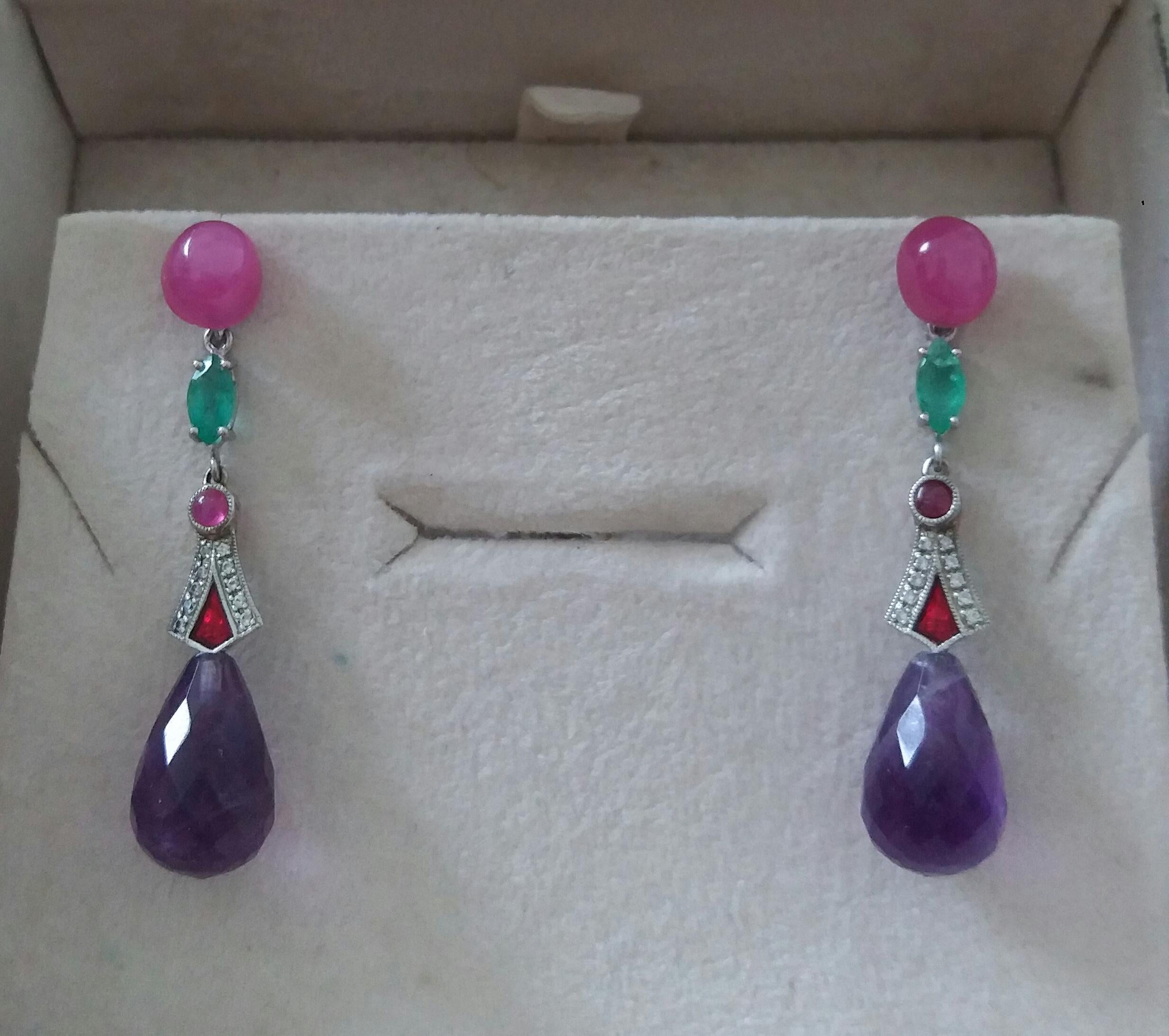 Art Deco Style Rubies Emeralds Gold Red Enamels Diamonds Amethyst Drop Earrings For Sale 2