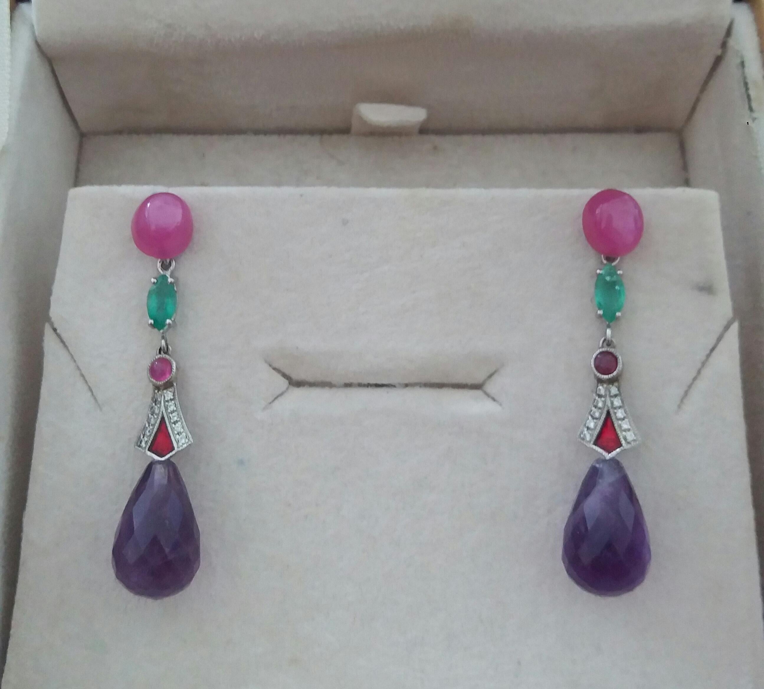 Art Deco Style Rubies Emeralds Gold Red Enamels Diamonds Amethyst Drop Earrings For Sale 3