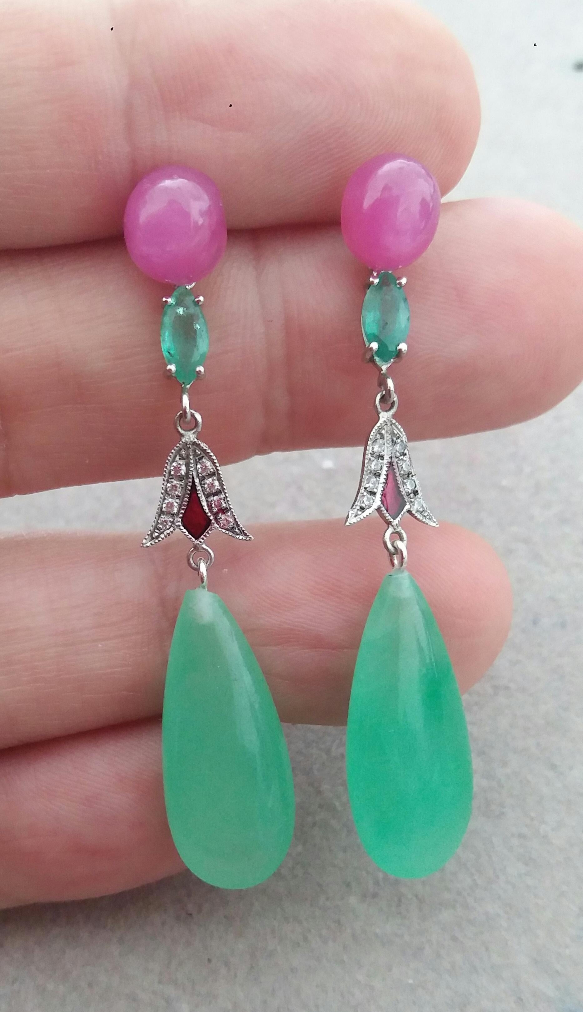 Art Deco Style Rubies Emeralds Gold Red Enamels Diamonds Jade Drop Earrings In Good Condition For Sale In Bangkok, TH