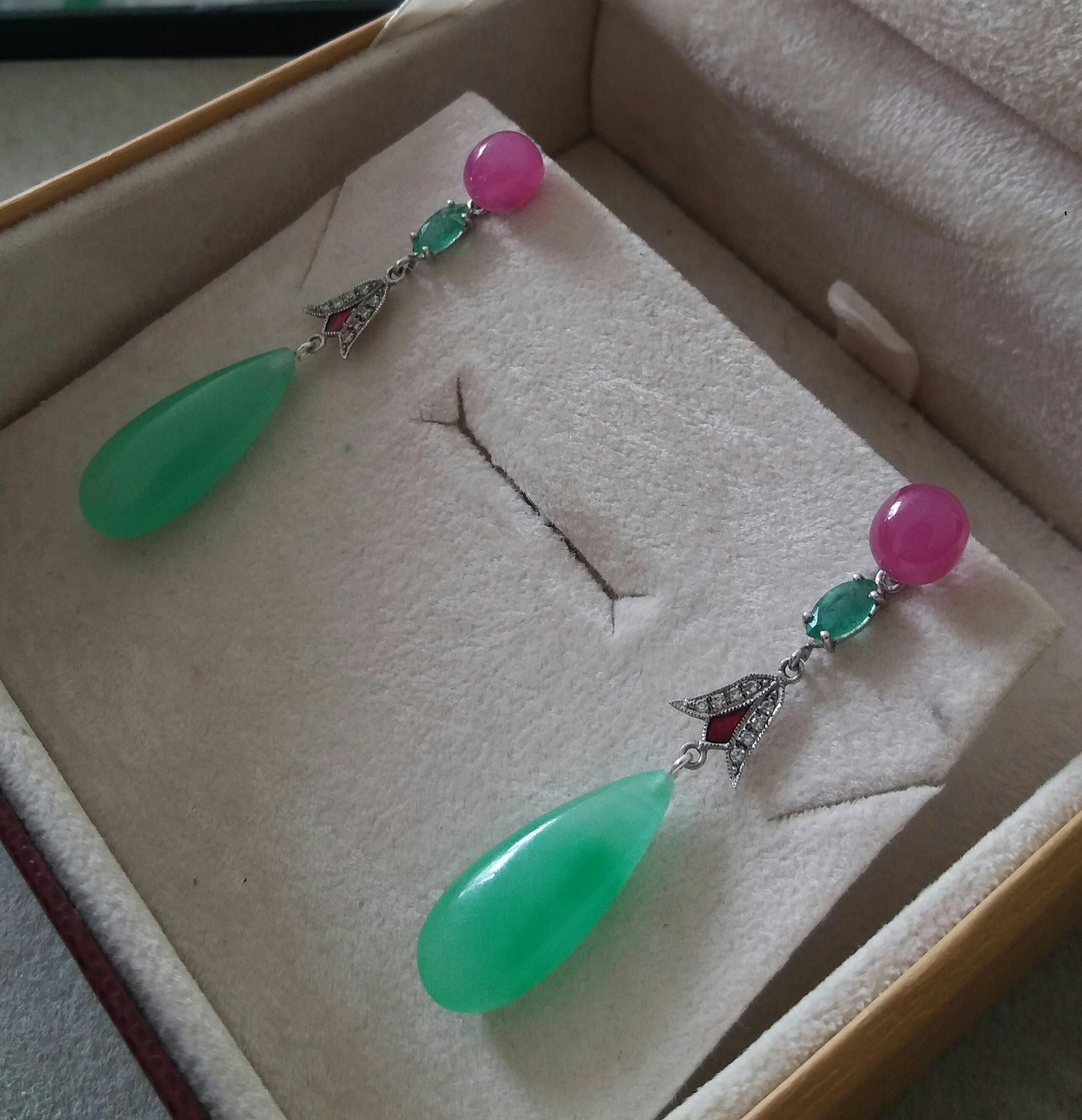 Art Deco Style Rubies Emeralds Gold Red Enamels Diamonds Jade Drop Earrings For Sale 1