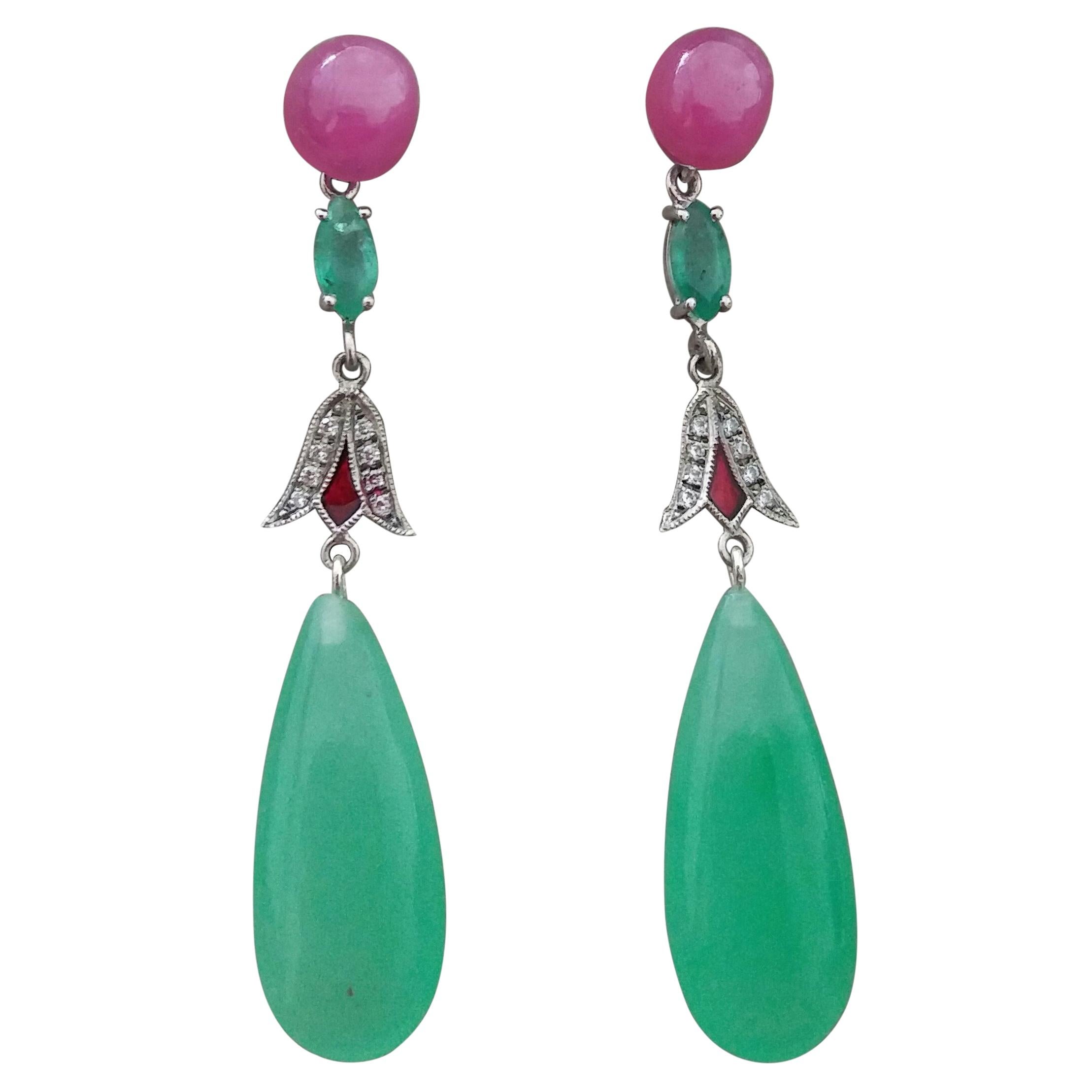 Art Deco Style Rubies Emeralds Gold Red Enamels Diamonds Jade Drop Earrings For Sale