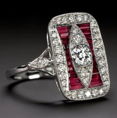 Art Deco Style Rubies Old Mine Cut Diamond Cocktail Ring