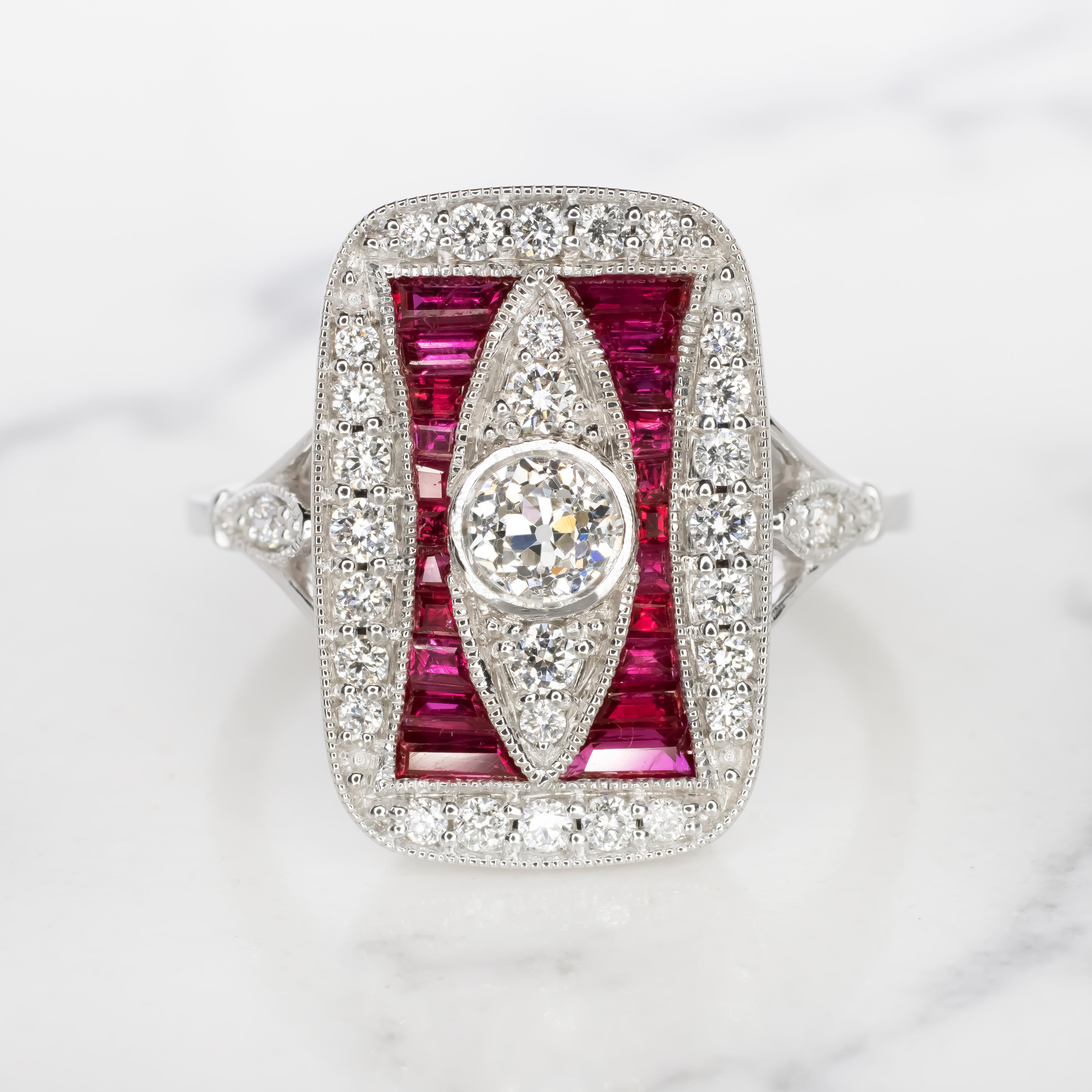Women's or Men's Art Deco Style Rubies Old Mine Cut Diamond Cocktail Ring