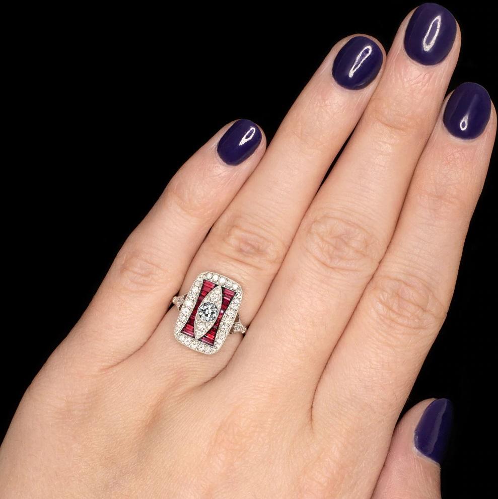 Art Deco Style Rubies Old Mine Cut Diamond Cocktail Ring 2