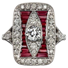 Art Deco Style Rubies Old Mine Cut Diamond Cocktail Ring