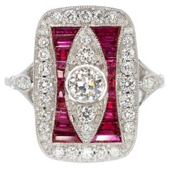Art Deco Style Rubies Old Mine Cut Diamond Cocktail Ring