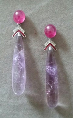 Art Deco Stil Rubin 14K Gold Diamanten Rot Emaille Amethyst Runde Tropfen Ohrringe