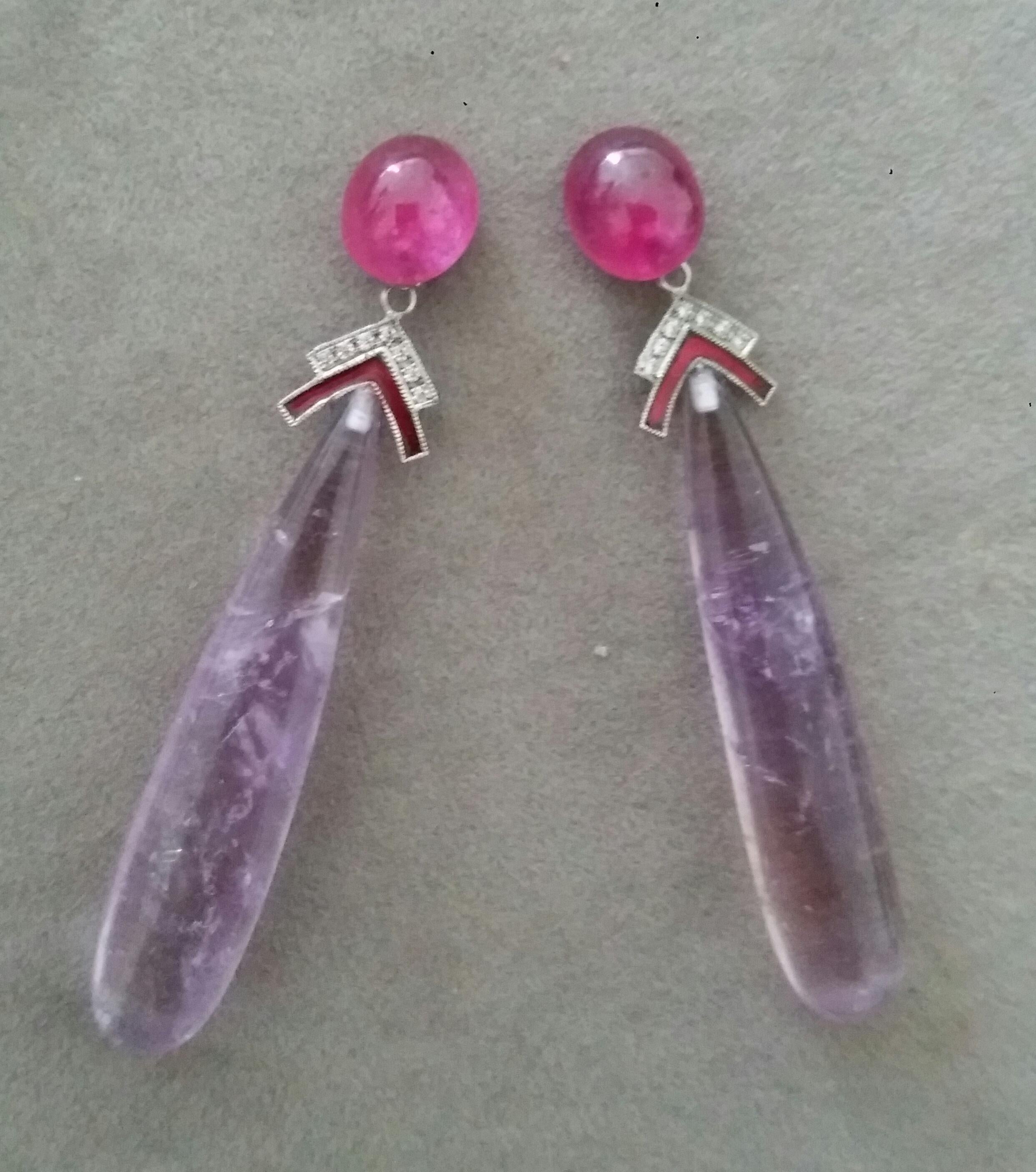 Art Deco Style Ruby 14K Gold Diamonds Red Enamel Amethyst Round Drops Earrings In Good Condition For Sale In Bangkok, TH