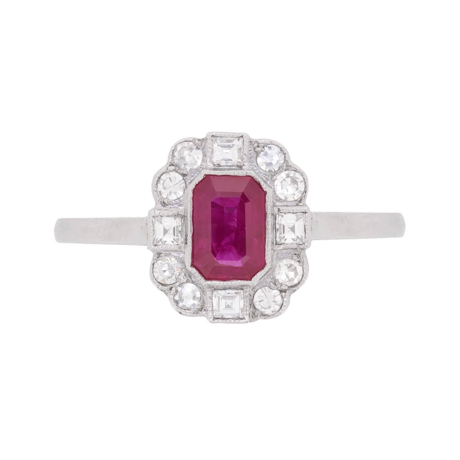 Art Deco Style Ruby and Diamond Cluster Ring, circa 1950s For Sale