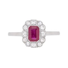 Vintage Art Deco Style Ruby and Diamond Cluster Ring, circa 1950s
