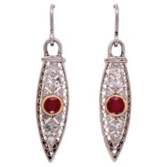 Art Deco Style Ruby and Diamond Platinum Dangle Earrings Fine Estate Jewelry